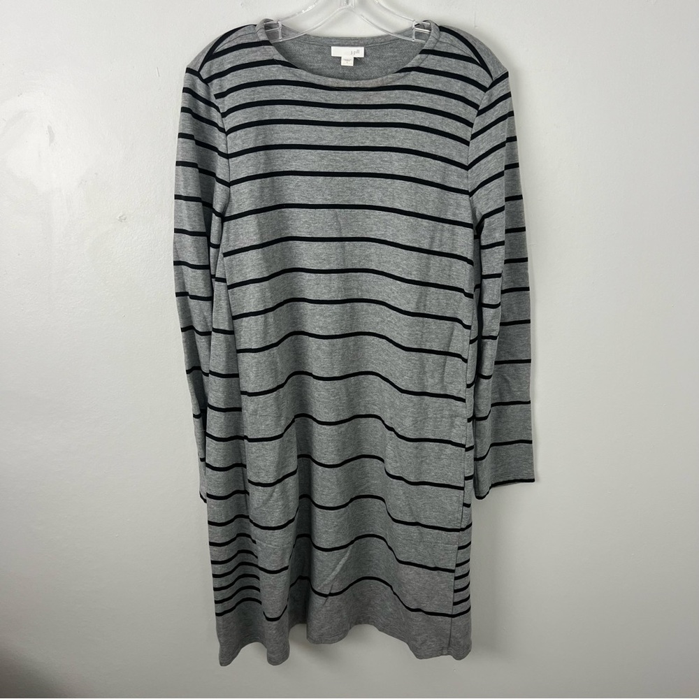 J. Jill Gray and Black Crew Neck Dress Stripes